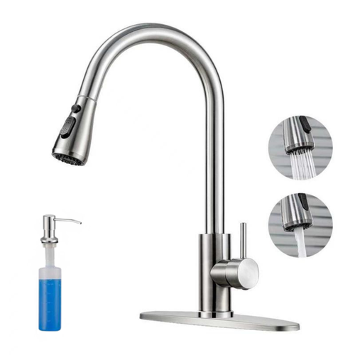 Stainless Steel Pull-Out Kitchen Faucet with Soap Dispenser