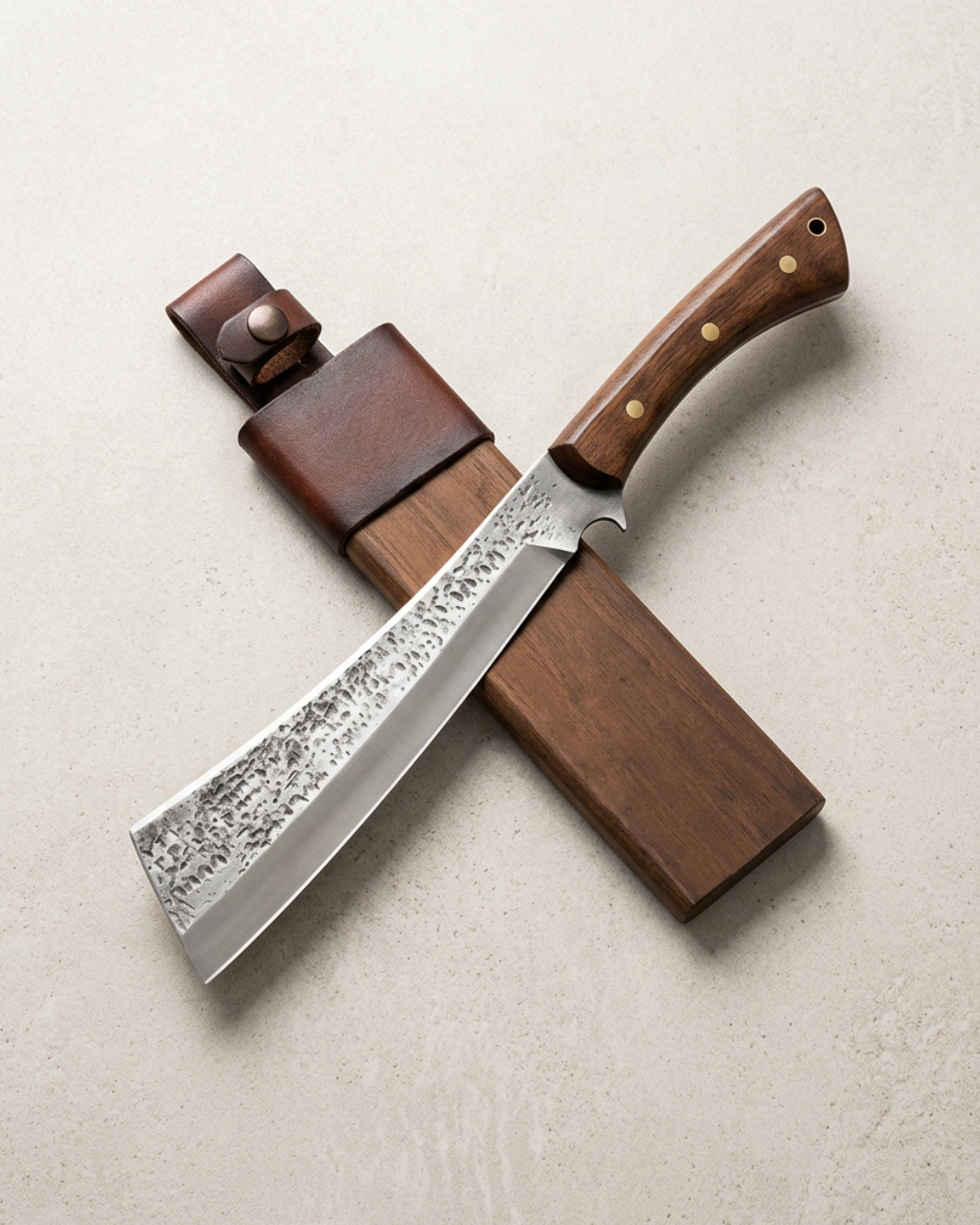 A Japanese-style chef's knife with a patterned steel blade and a brown wooden handle, shown crossed over a matching dark brown wooden and leather case on a light beige textured background.